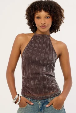 Motel Brienne Top Brown Shimmer Sheer Plisse