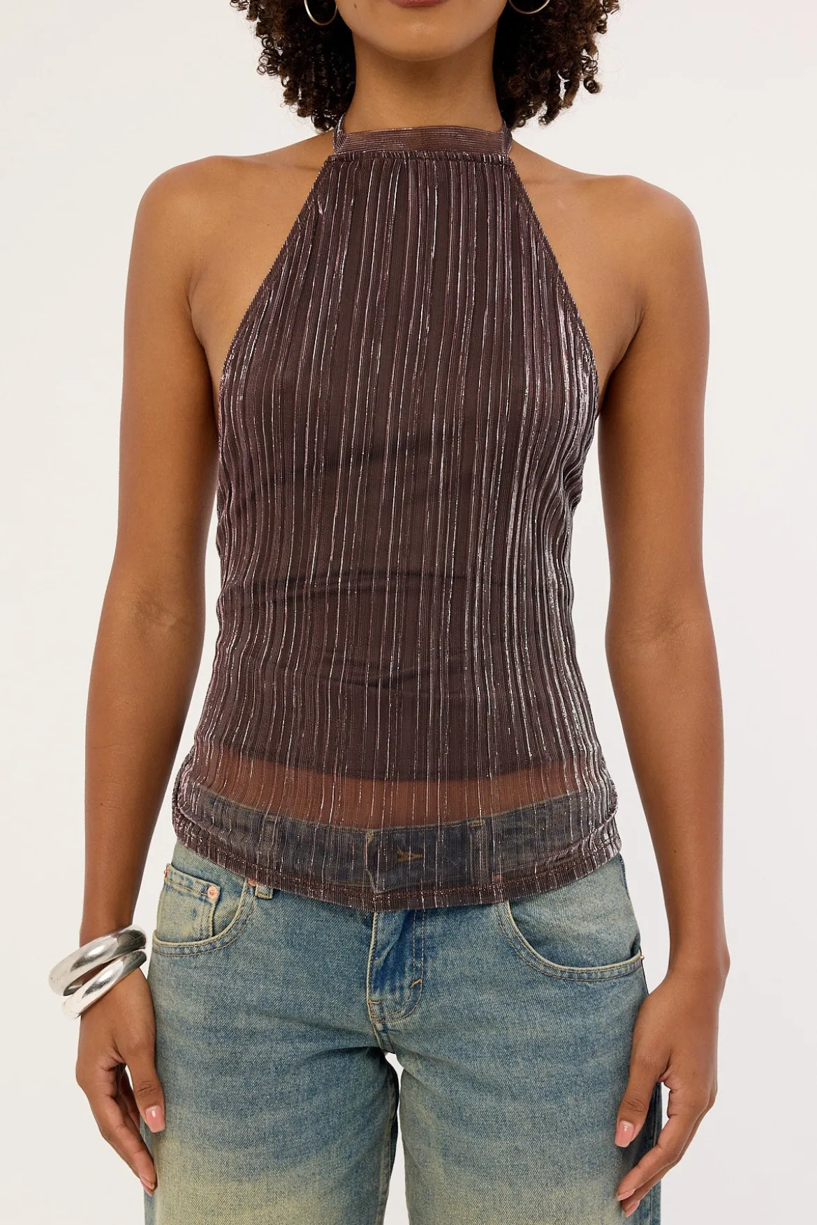 Motel Brienne Top Brown Shimmer Sheer Plisse