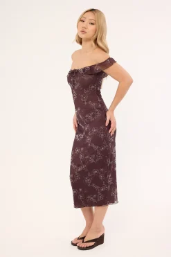 Motel Catrin Dress Doodle Flower Flock Brown