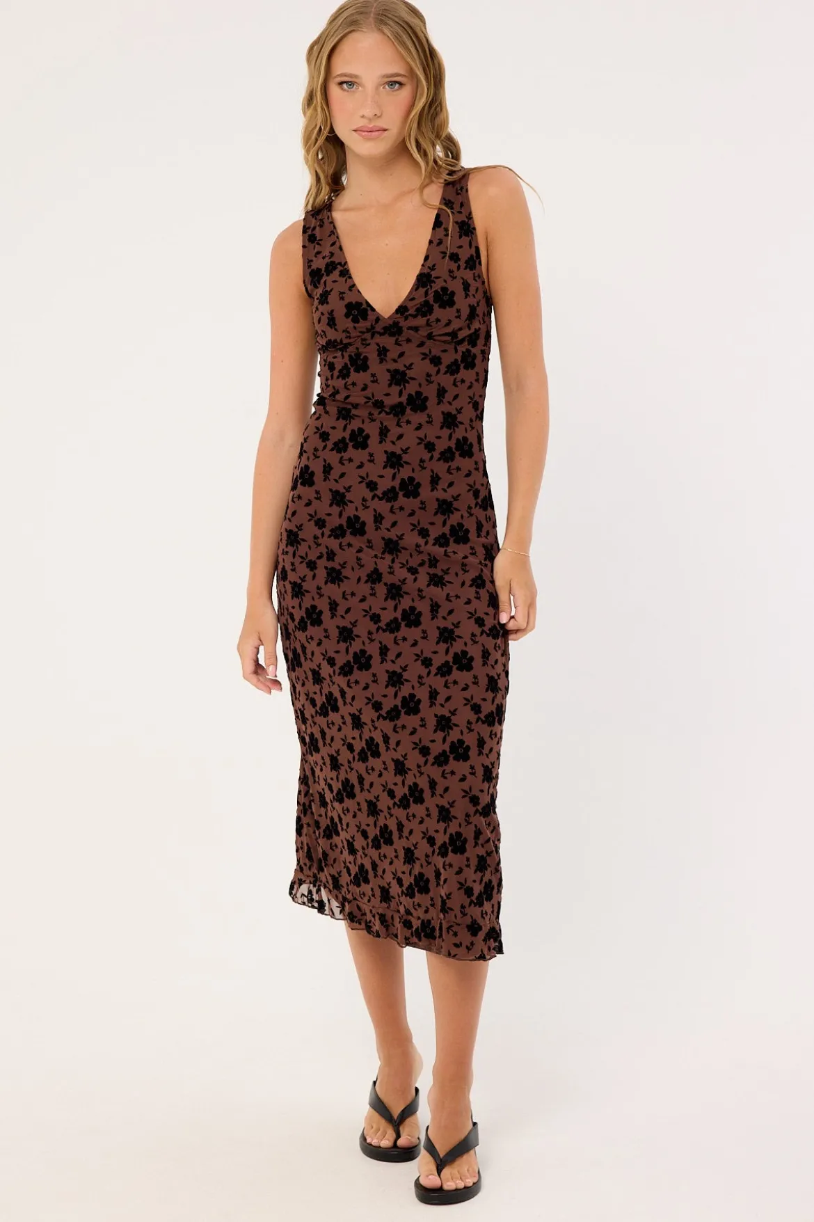 Motel Gabriella Midi Dress Garden Floral Brown