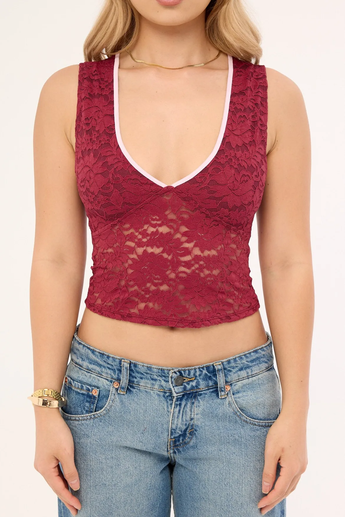Motel Lihat Top Lace Burgundy With Pink Bind