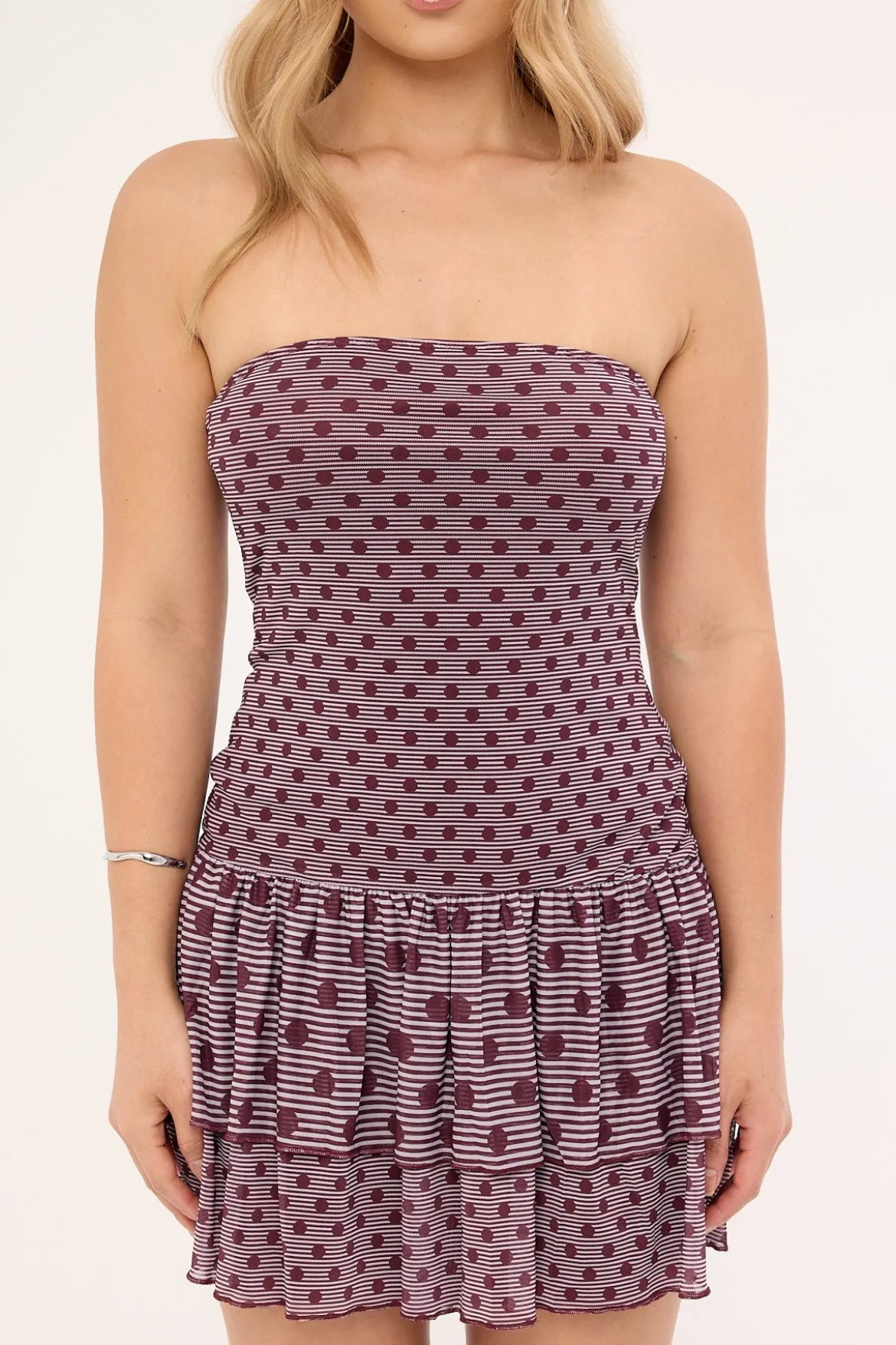 Motel Midea Dress Stripe Polka Plum