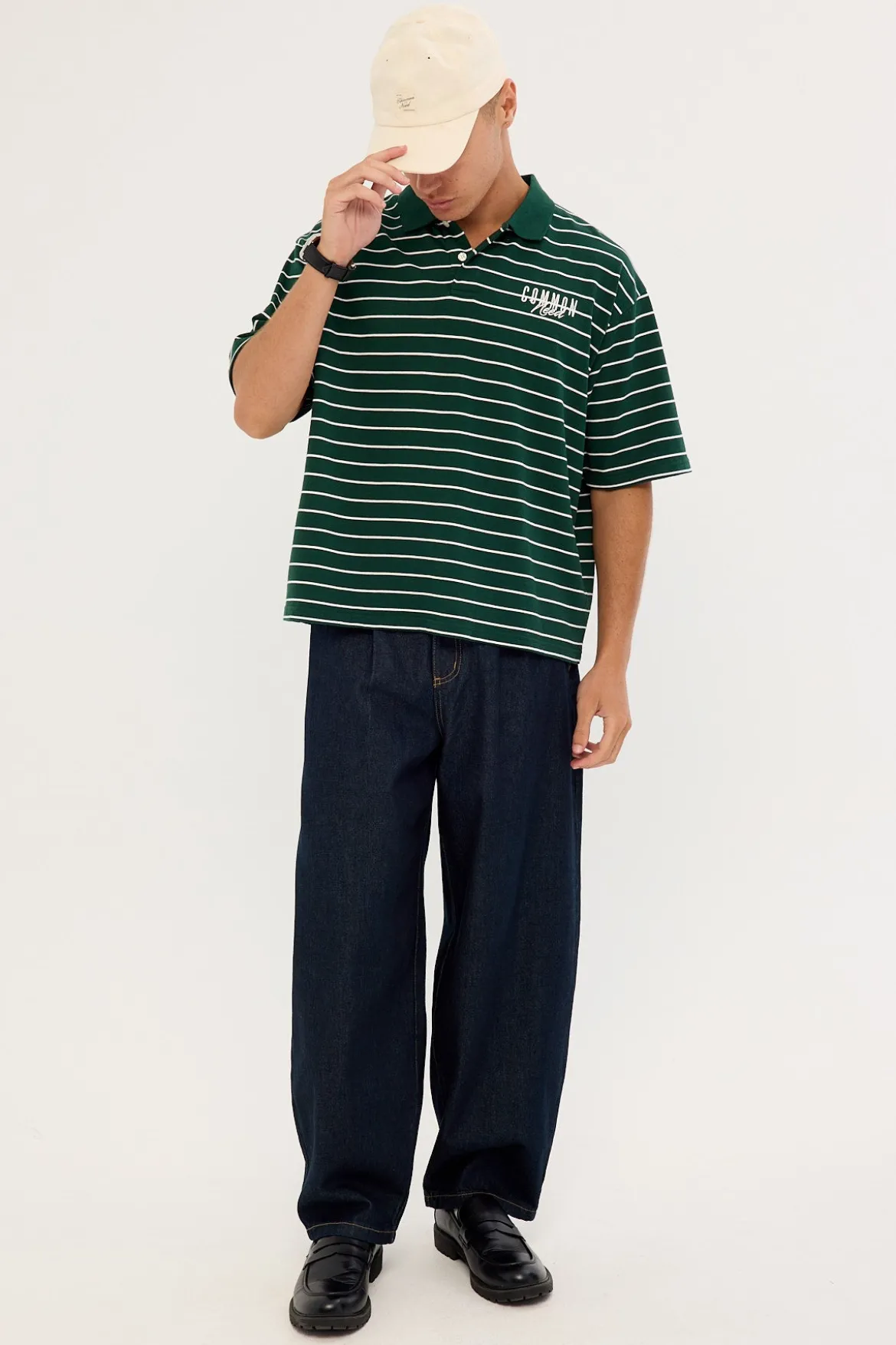 Motive Boxy Cropped Polo Forest Green Stripe