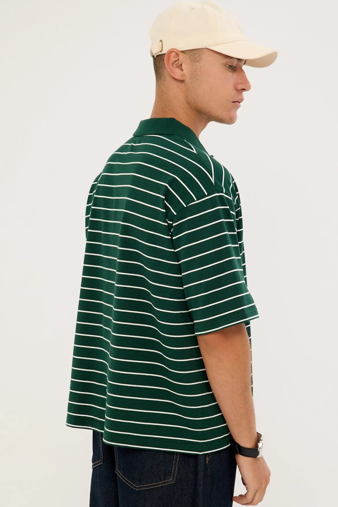 Motive Boxy Cropped Polo Forest Green Stripe