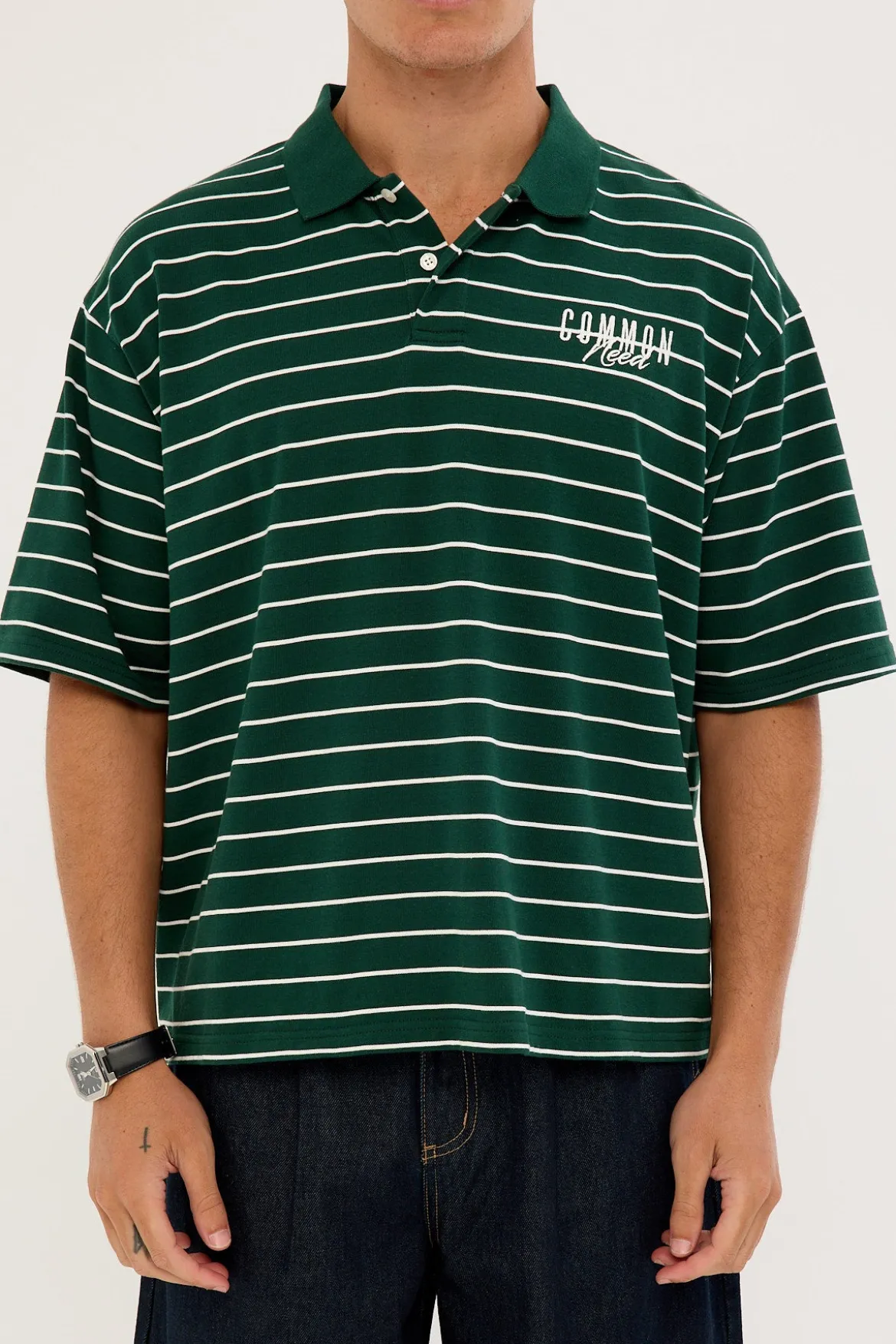Motive Boxy Cropped Polo Forest Green Stripe