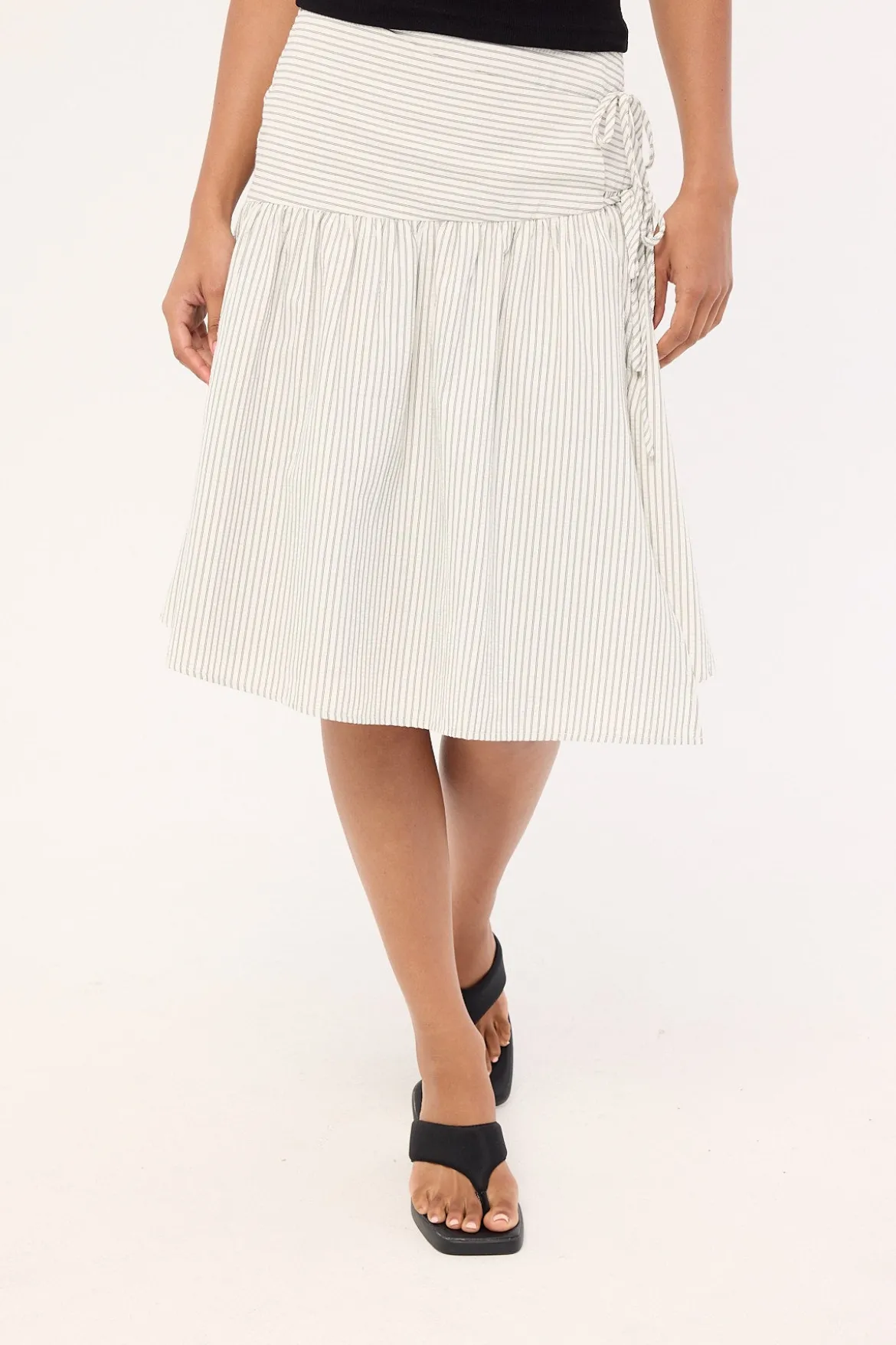 Mysti Wrap Midi Skirt White and Black Stripe