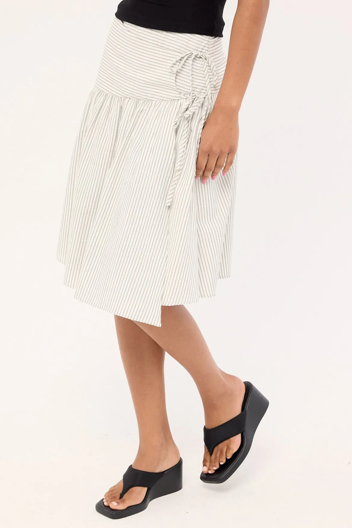 Mysti Wrap Midi Skirt White and Black Stripe