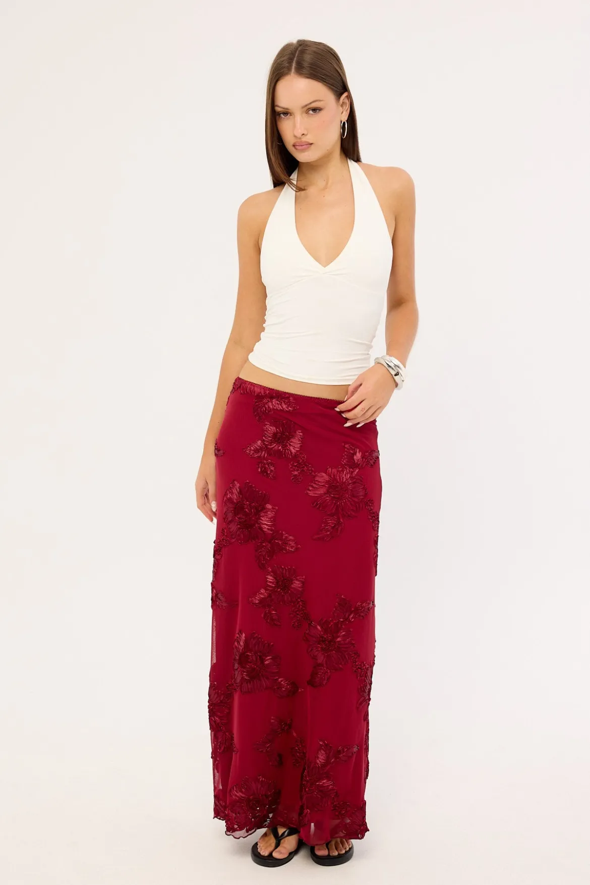 Nia Applique Mid Rise Maxi Skirt Burgundy