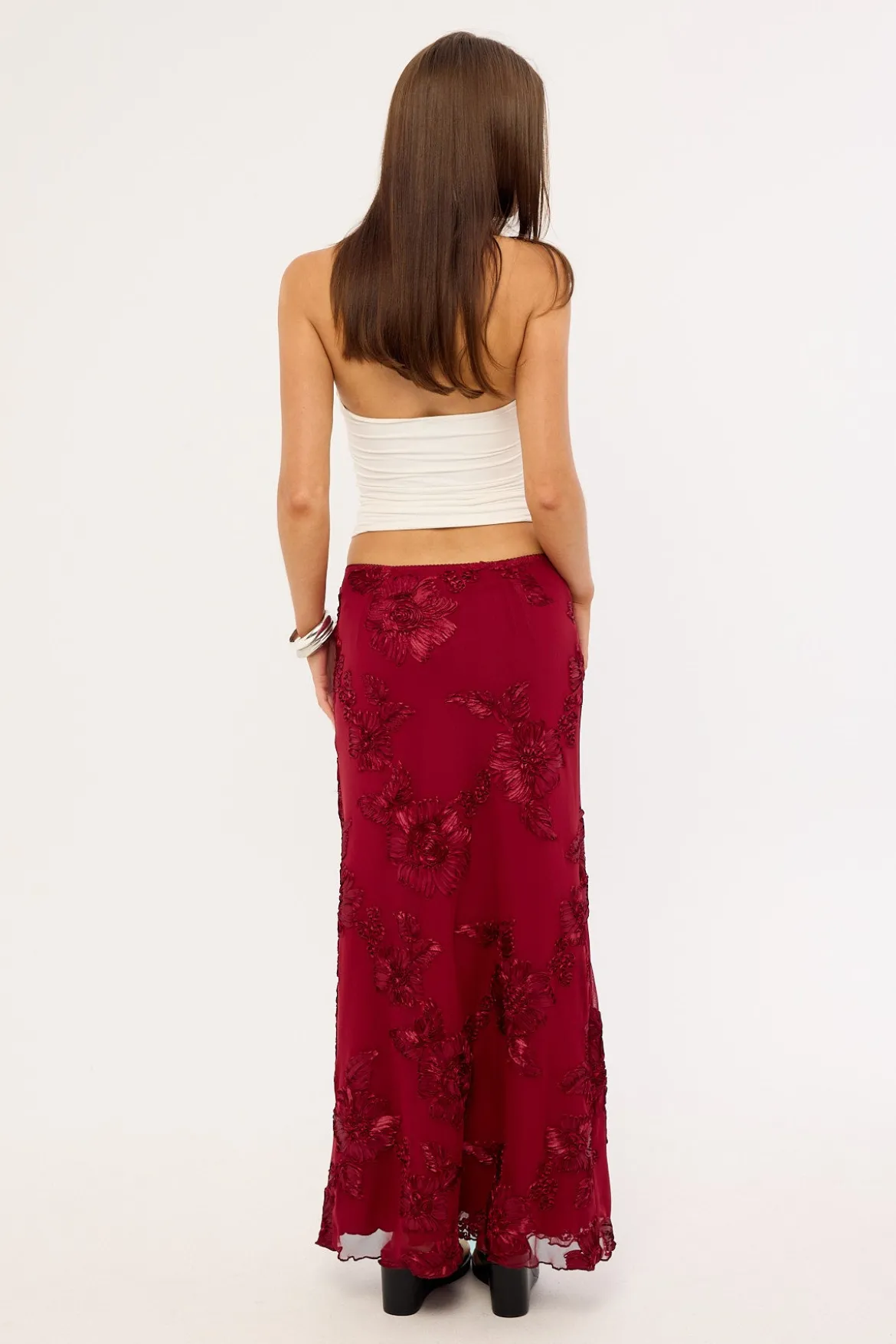 Nia Applique Mid Rise Maxi Skirt Burgundy