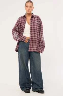 Nomadix Oversize Long Sleeve Shirt Purple Check