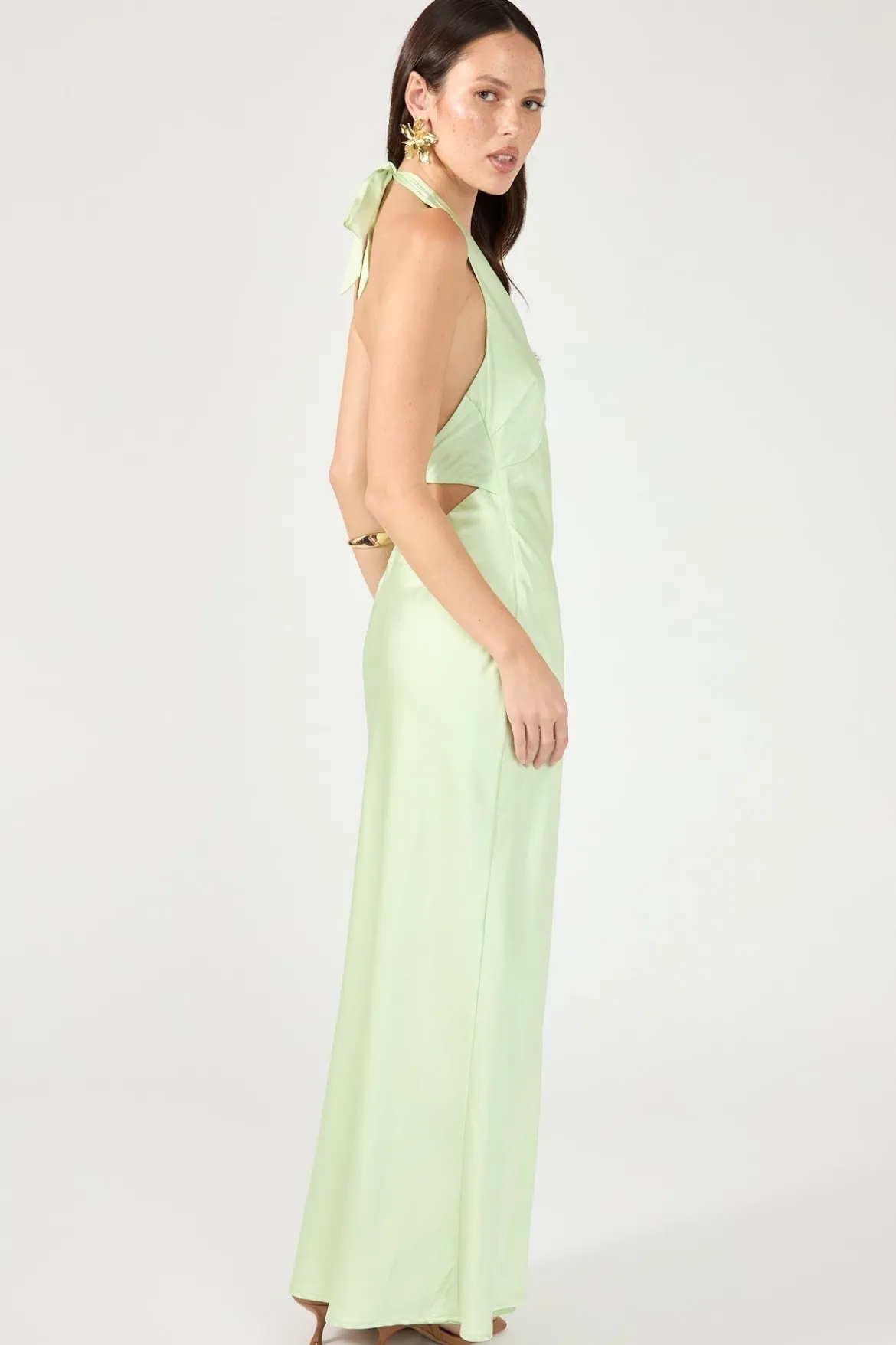 Nora Halter Satin Maxi Dress Light Green