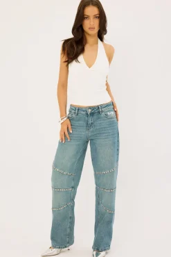 Notebook Studded Low Rise Jean Mid Blue Denim
