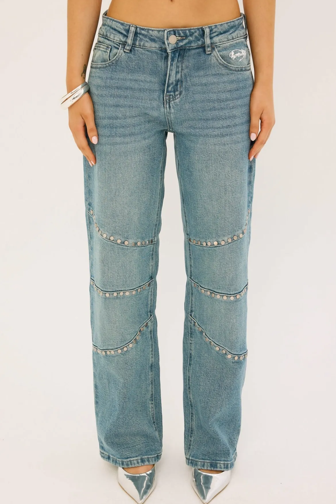 Notebook Studded Low Rise Jean Mid Blue Denim