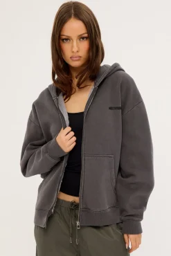 Nova Base Zip Through Street Hoodie Washed Black
