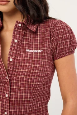 Nova Button Up Blouse Burgundy Check
