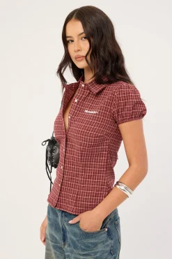 Nova Button Up Blouse Burgundy Check