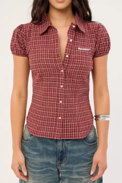 Nova Button Up Blouse Burgundy Check