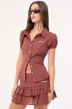 Nova Double Pleat Skort Burgundy Check