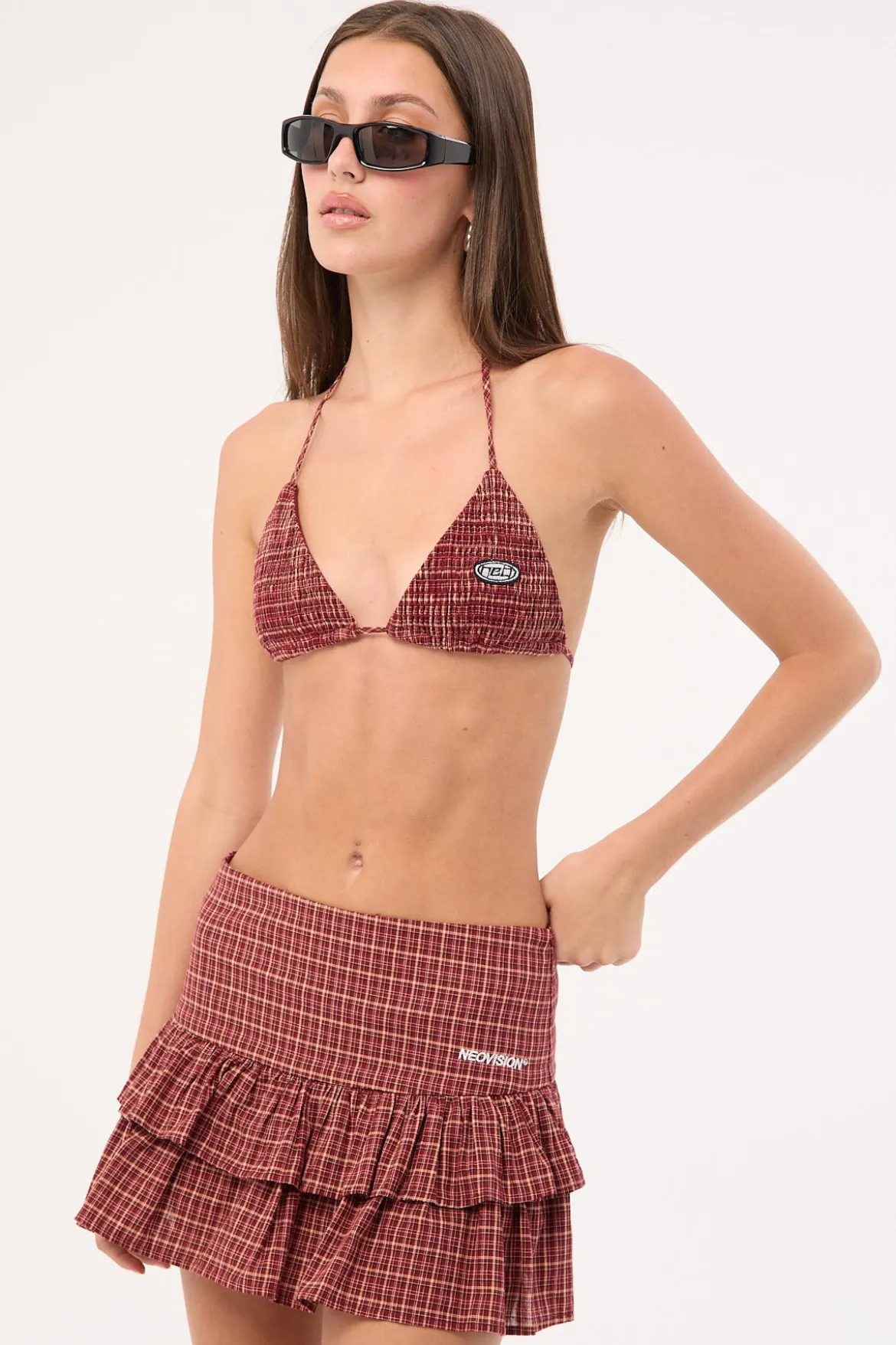 Nova Smocked Tie Up Bralette Burgundy Check
