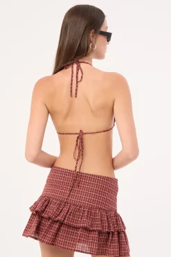 Nova Smocked Tie Up Bralette Burgundy Check