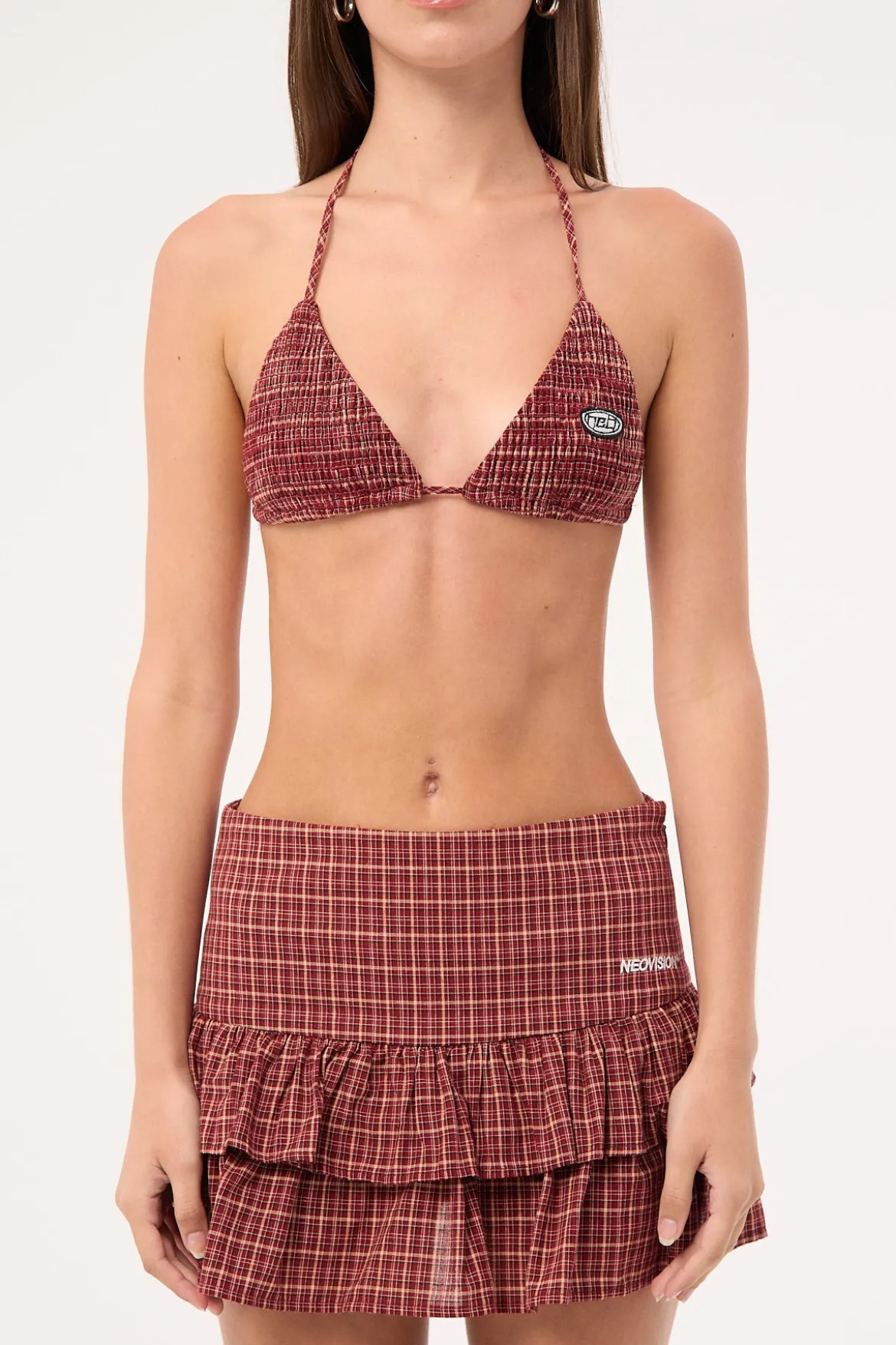 Nova Smocked Tie Up Bralette Burgundy Check
