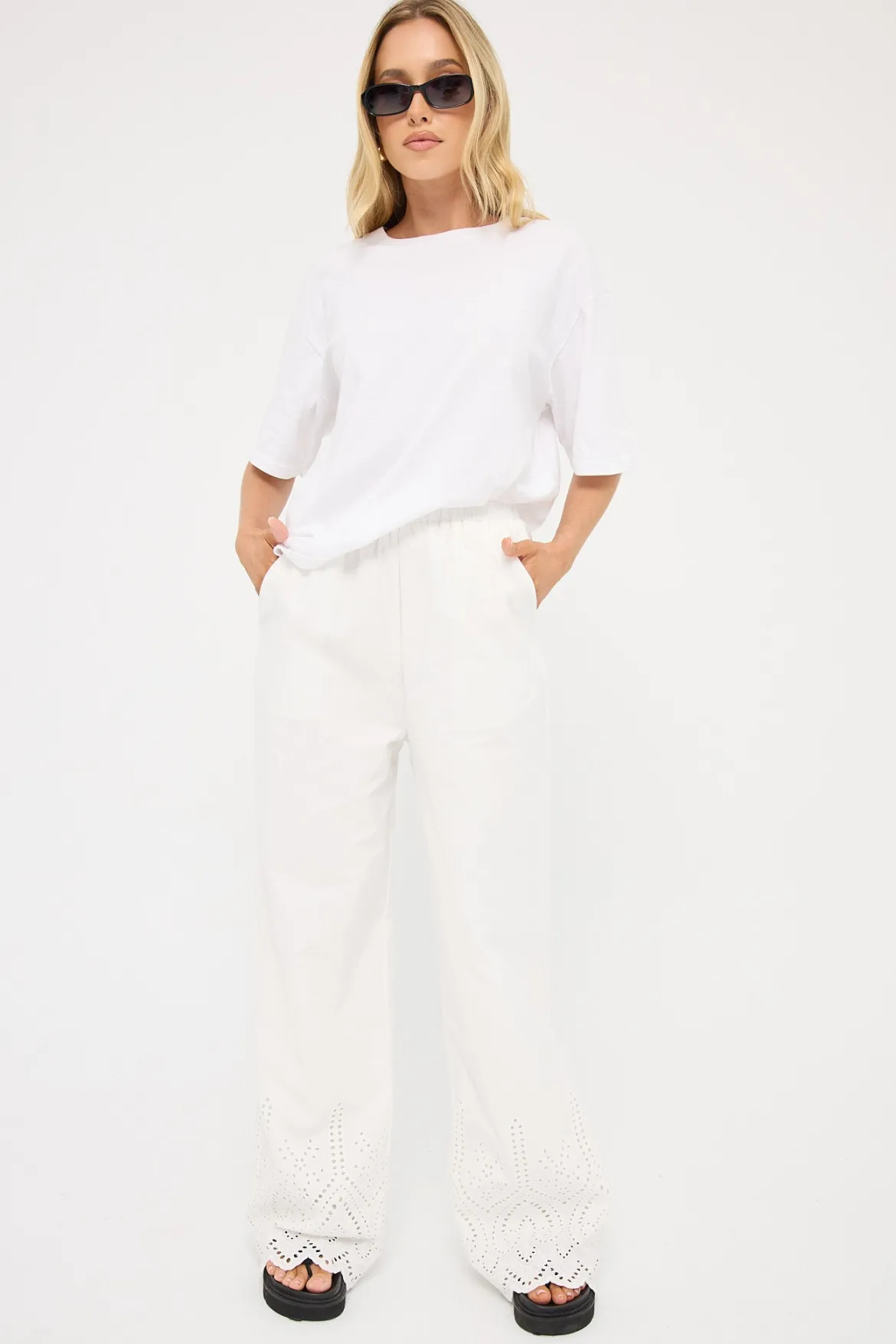 Novalee Broderie Straight Leg Pant White