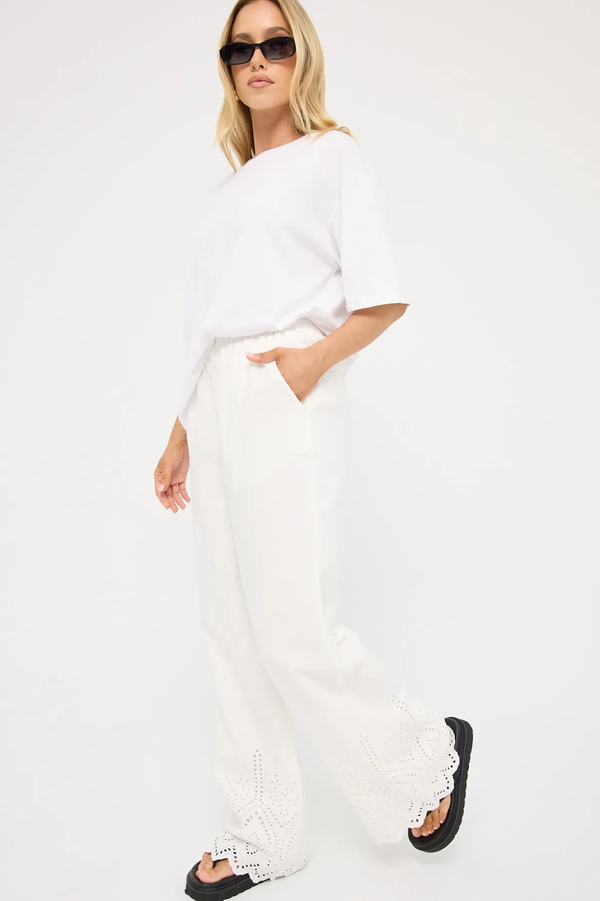 Novalee Broderie Straight Leg Pant White