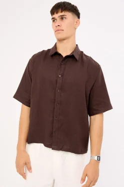 Oasis Boxy Cropped Linen Shirt Dark Brown