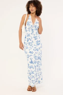 Oia Bloom Midi Dress White Blue Floral