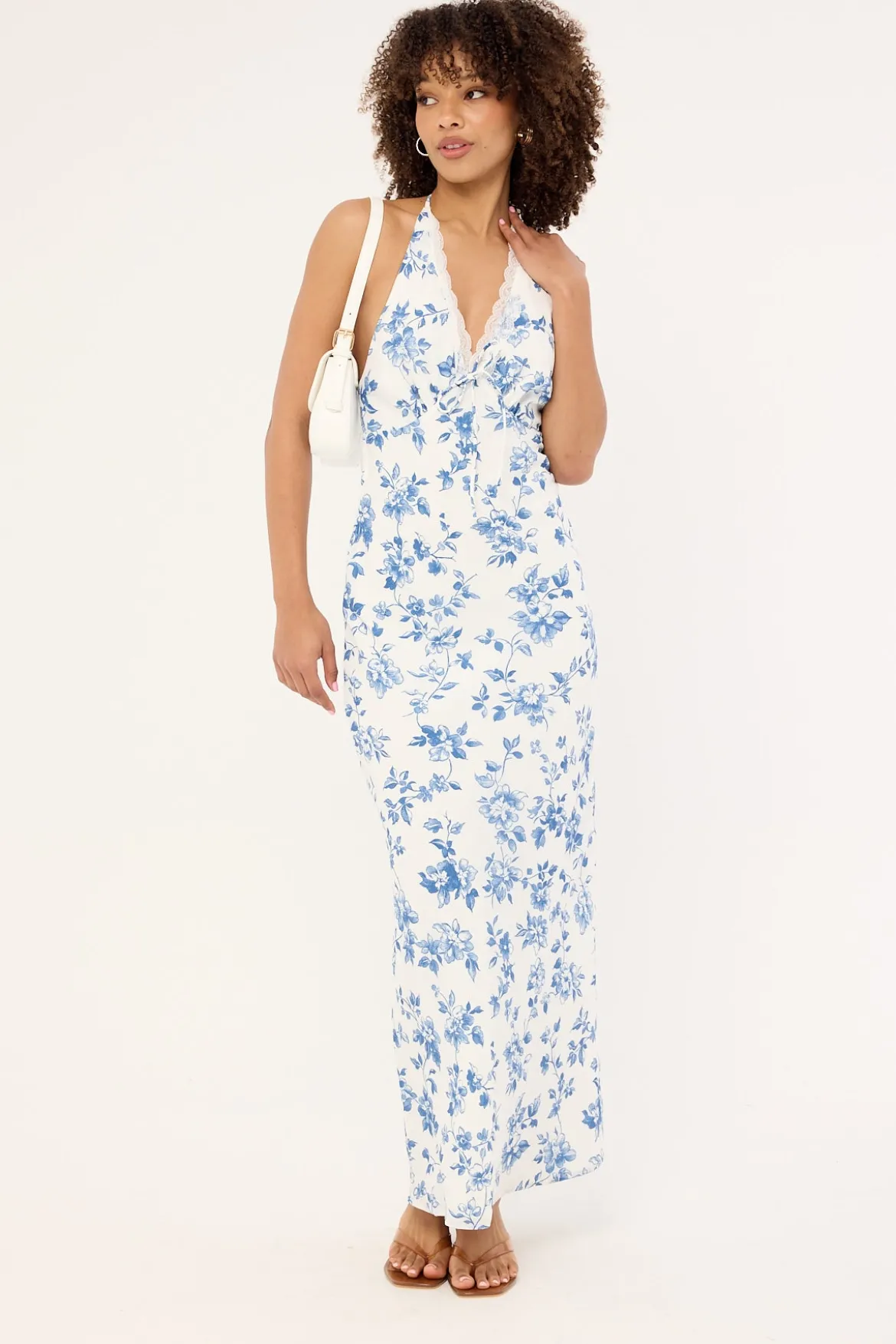 Oia Bloom Midi Dress White Blue Floral