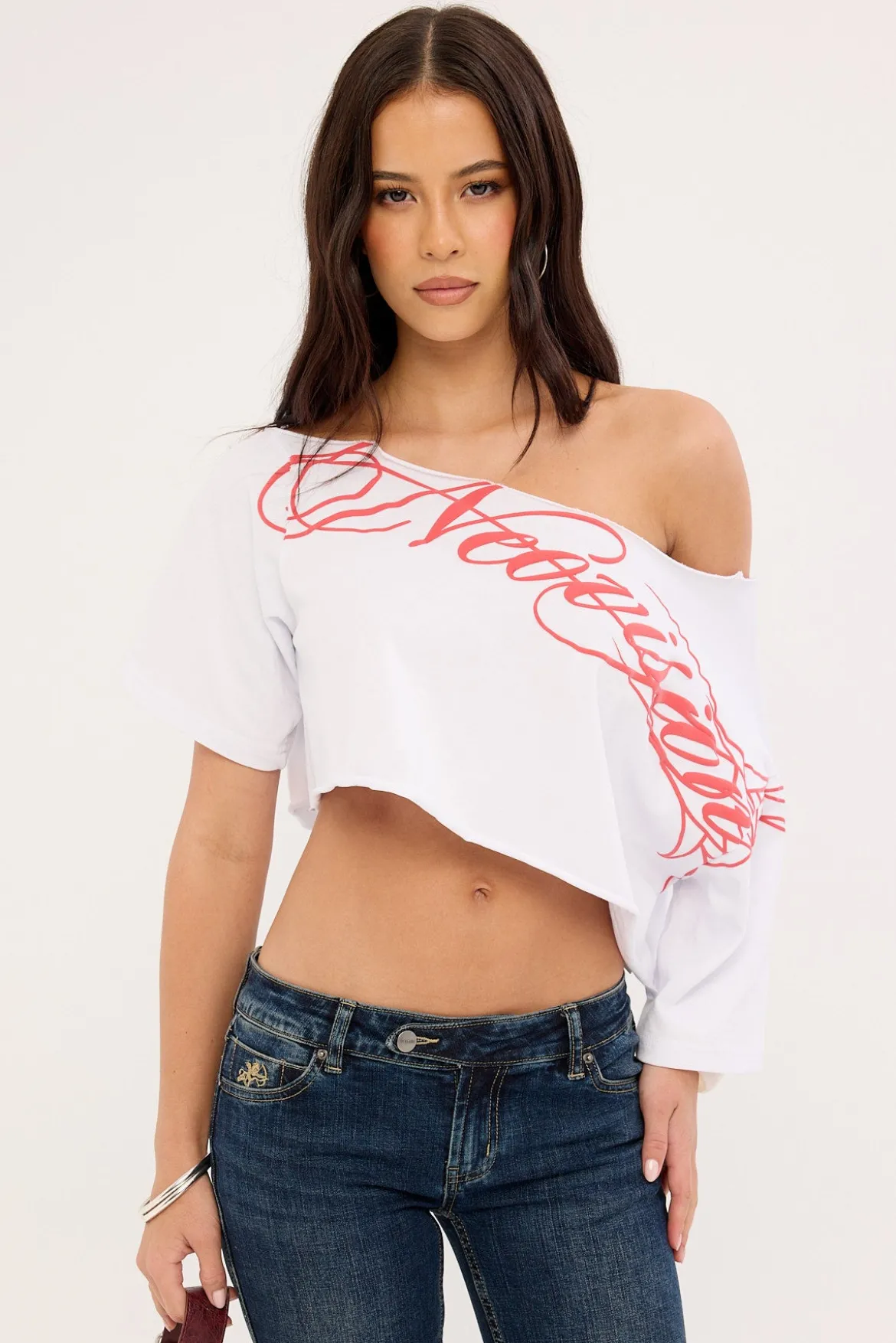 Outline Crop Off Shoulder Tee White