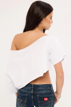 Outline Crop Off Shoulder Tee White