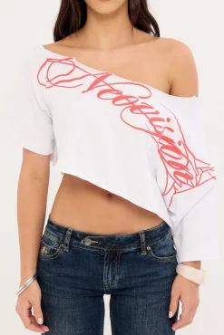Outline Crop Off Shoulder Tee White