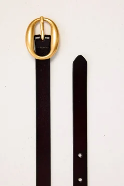 Oval Leather Thin Belt Brown