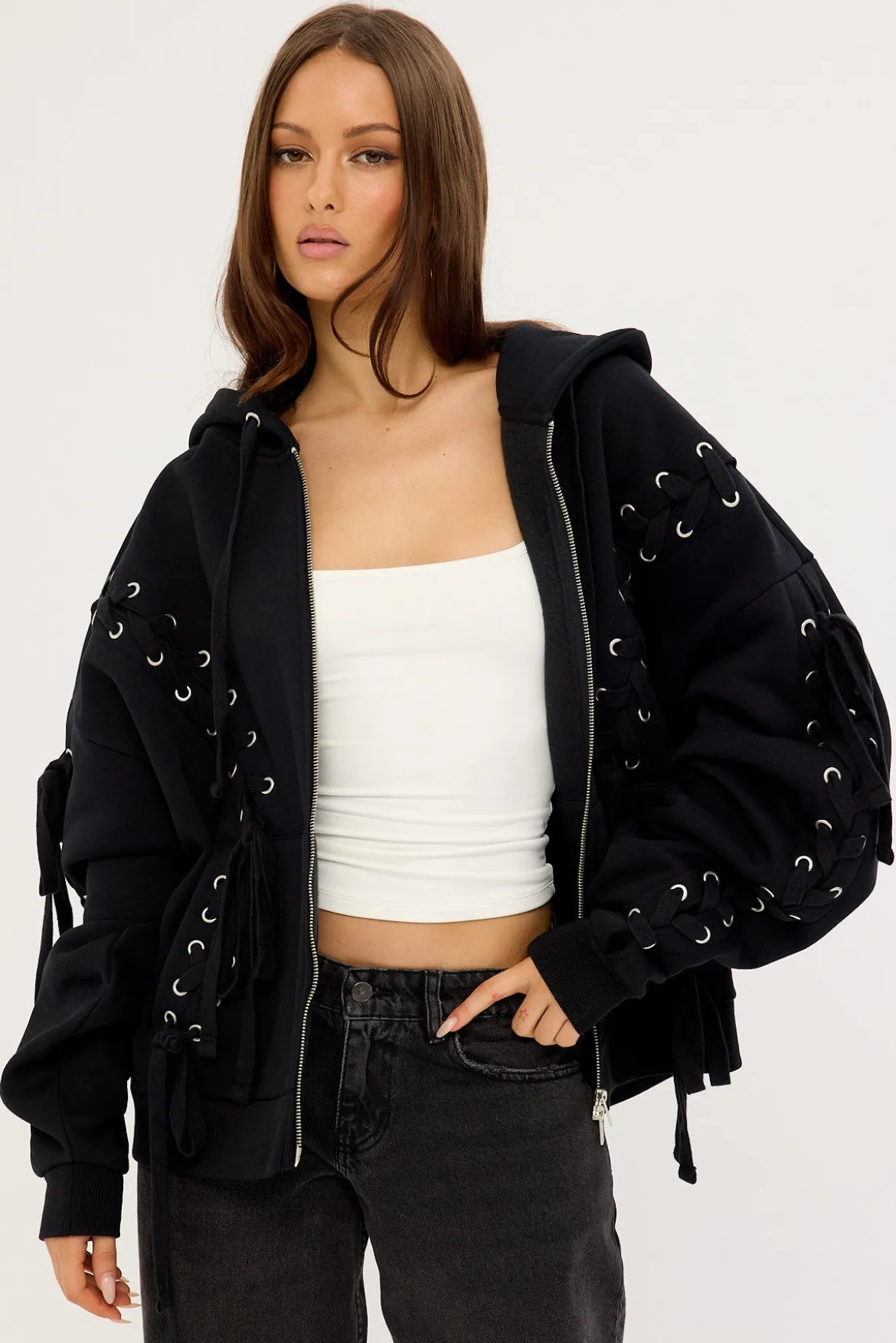 Oversized Zip-Thru Lace Up Black