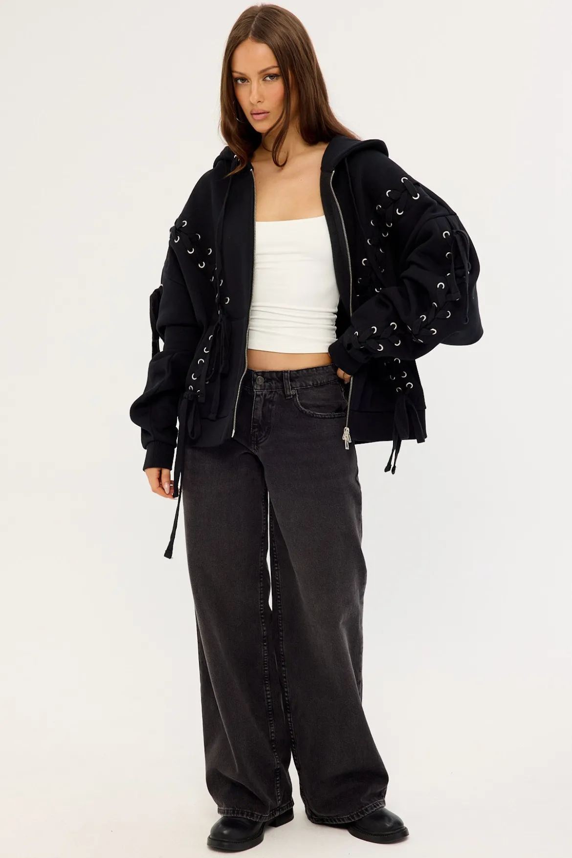 Oversized Zip-Thru Lace Up Black