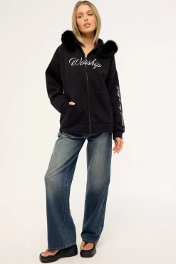 Padlock Zip Front Hood Black Fur