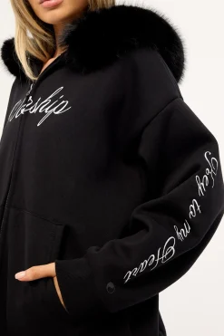 Padlock Zip Front Hood Black Fur