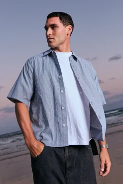 Pathfinder Organic Cropped Boxy Shirt Navy Stripe