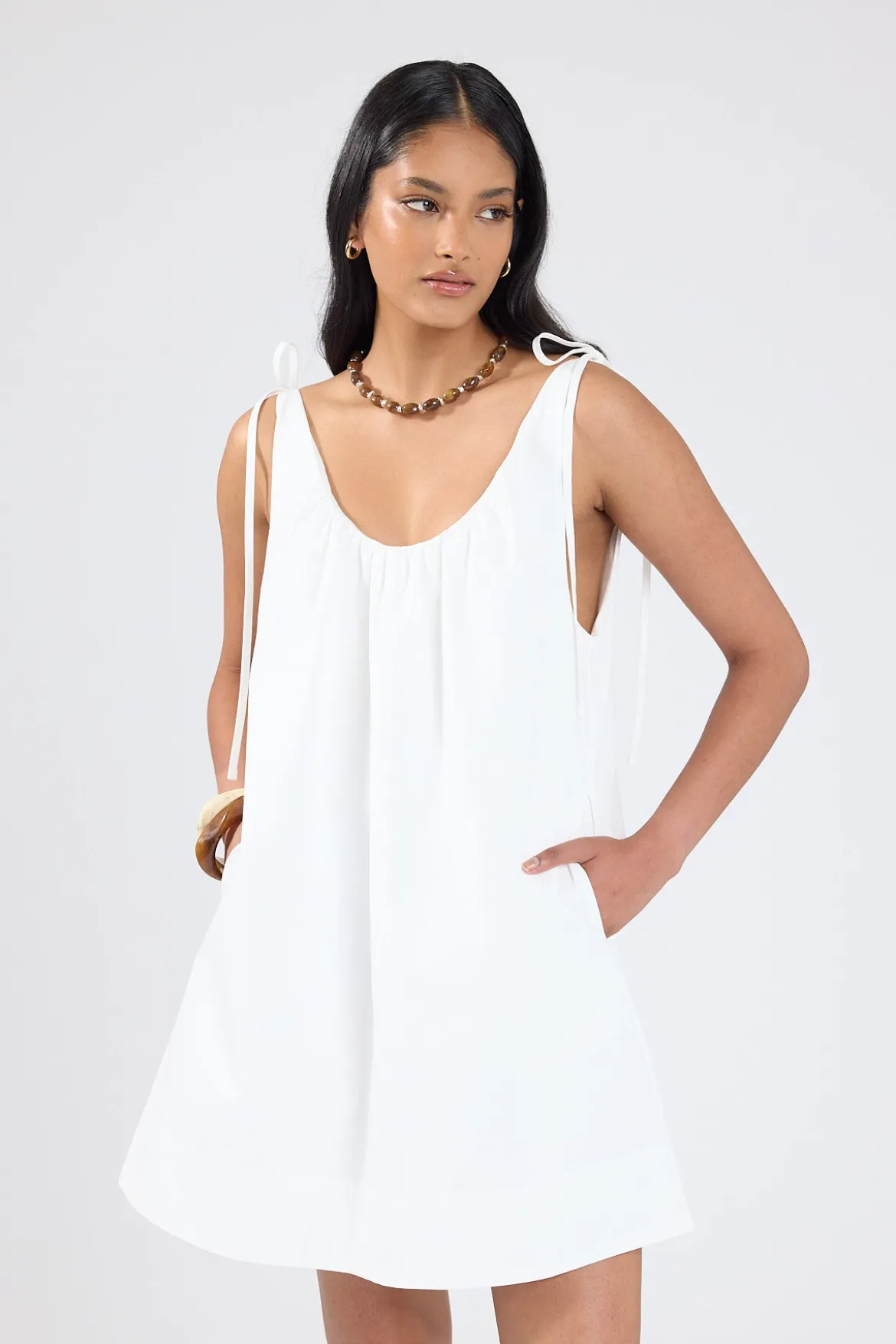 Penelope Tie Shoulder Mini Dress Off White
