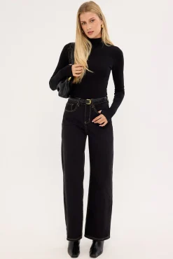 Petite Mid Rise Baggy Jean Washed Black