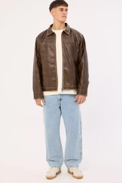 Pilot Recycled PU Leather Jacket Washed Brown