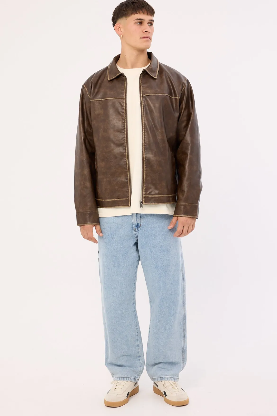 Pilot Recycled PU Leather Jacket Washed Brown