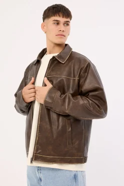 Pilot Recycled PU Leather Jacket Washed Brown