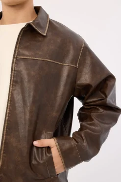 Pilot Recycled PU Leather Jacket Washed Brown