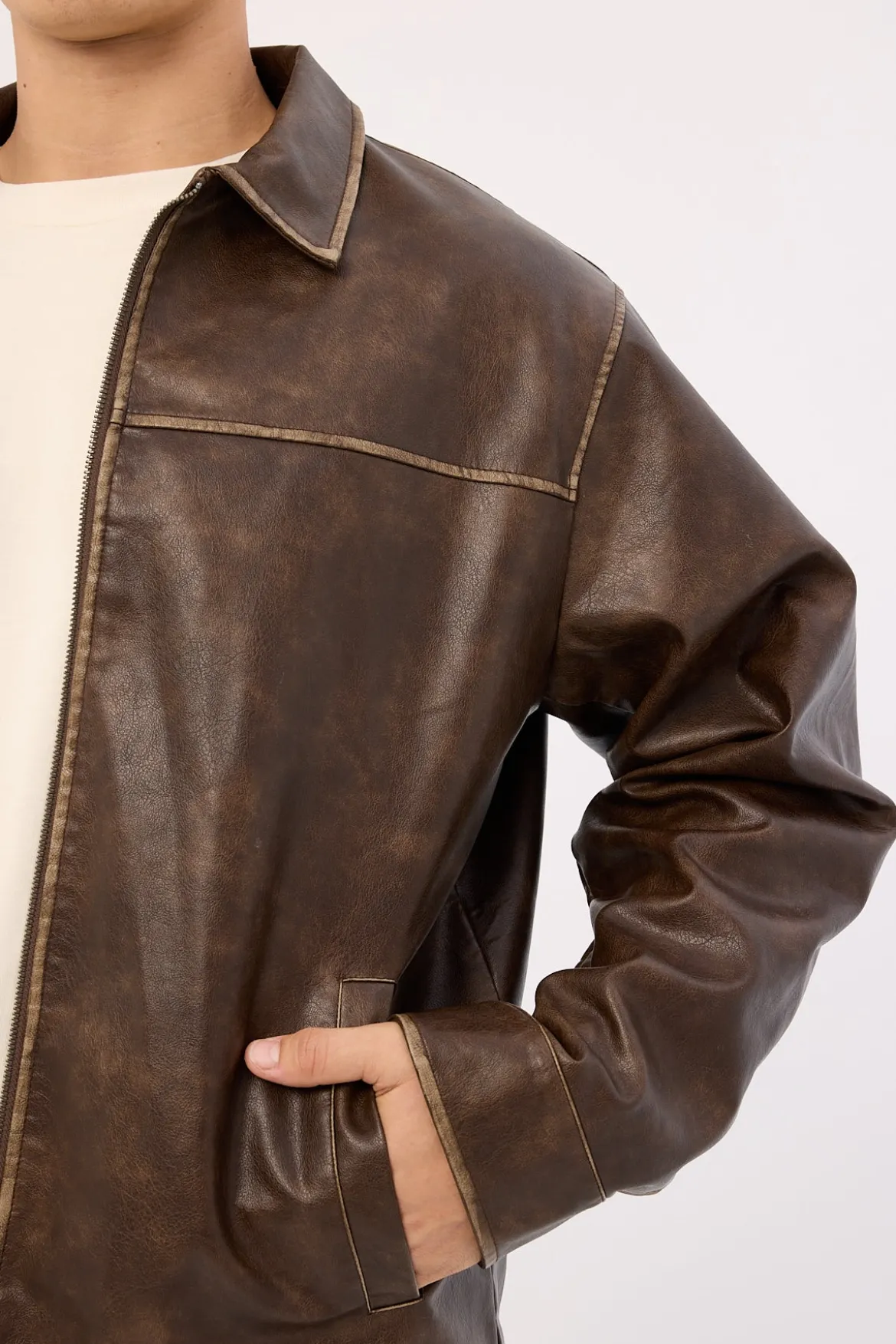 Pilot Recycled PU Leather Jacket Washed Brown