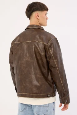 Pilot Recycled PU Leather Jacket Washed Brown