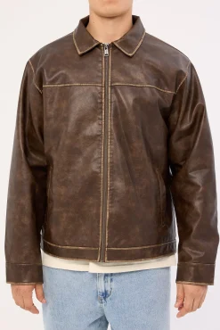 Pilot Recycled PU Leather Jacket Washed Brown