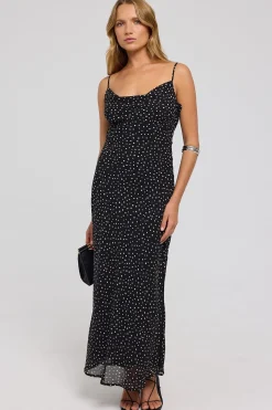 Polka Dream Chiffon Maxi Dress Black Print