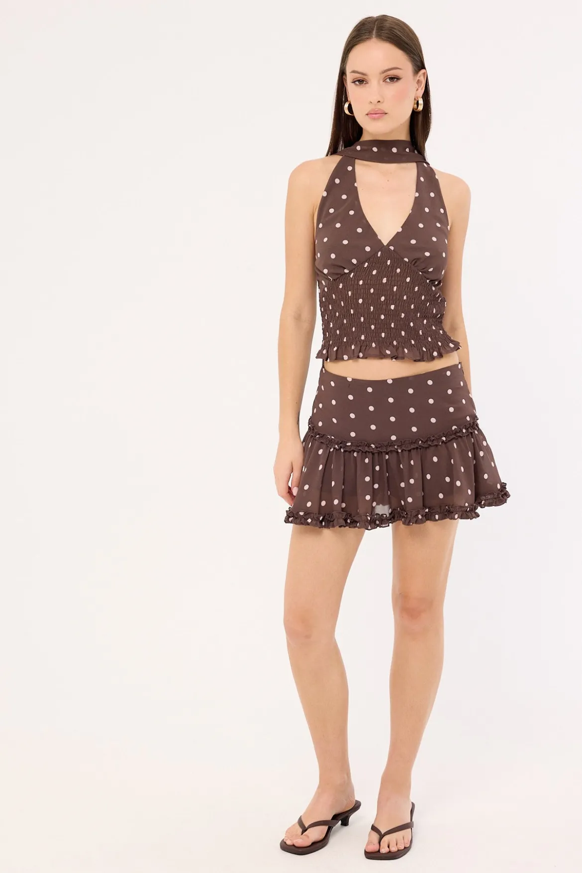 Polka Wish Halter Top Brown